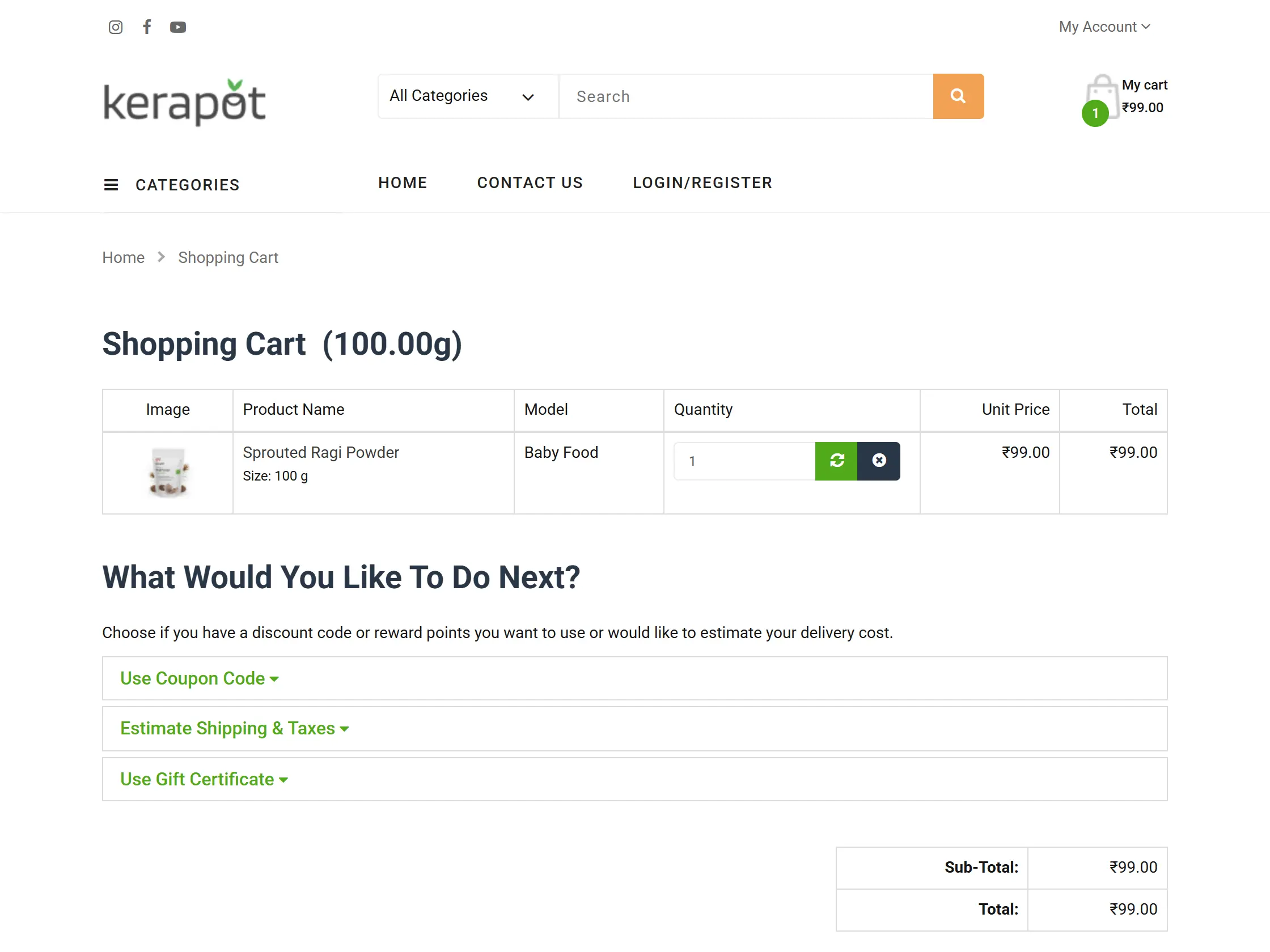 Kerapot shopping cart with a product added, showing coupon, shipping estimate and gift certificate options