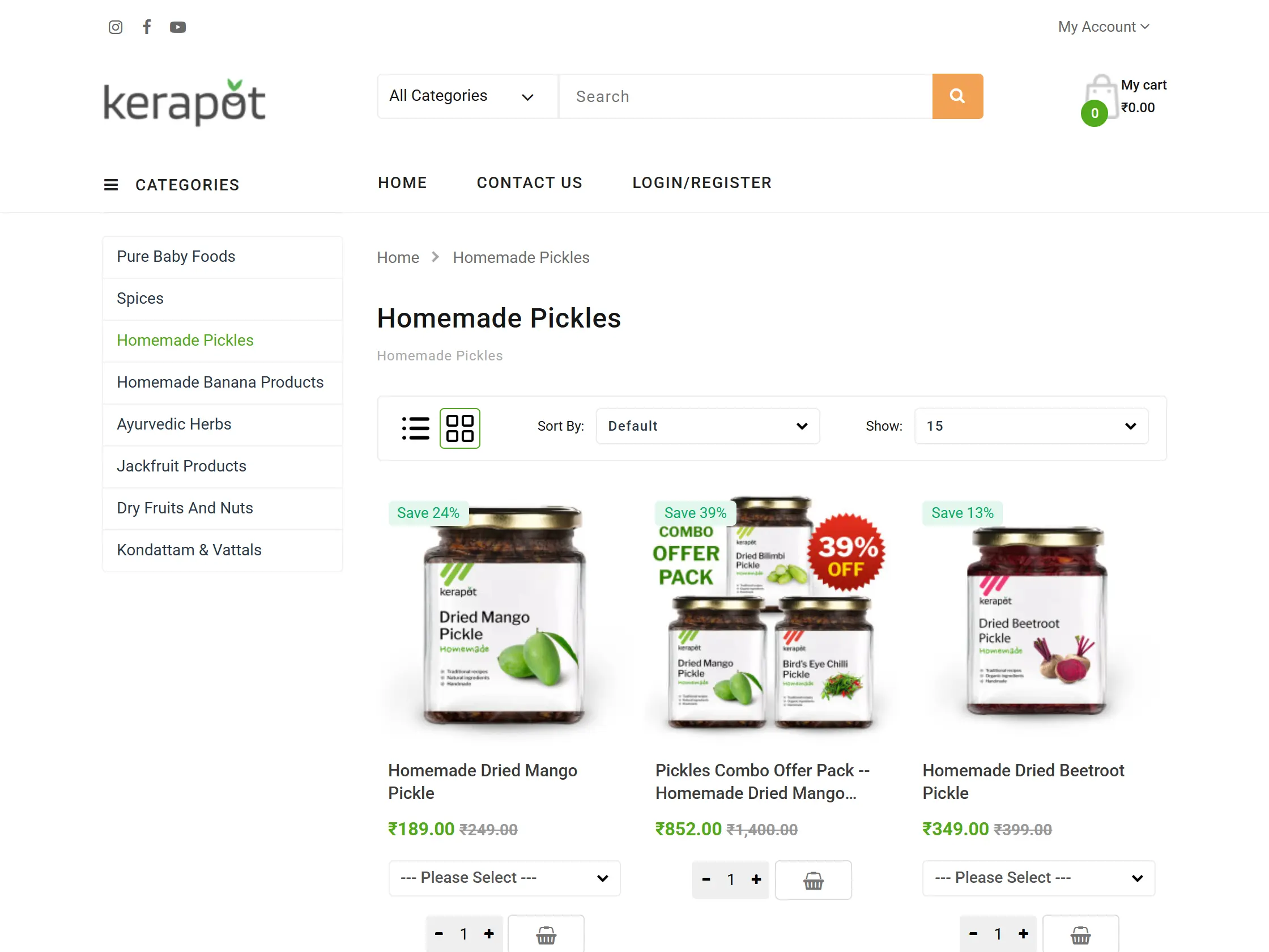 Kerapot pickles category page showing the product grid with prices, savings and weight options