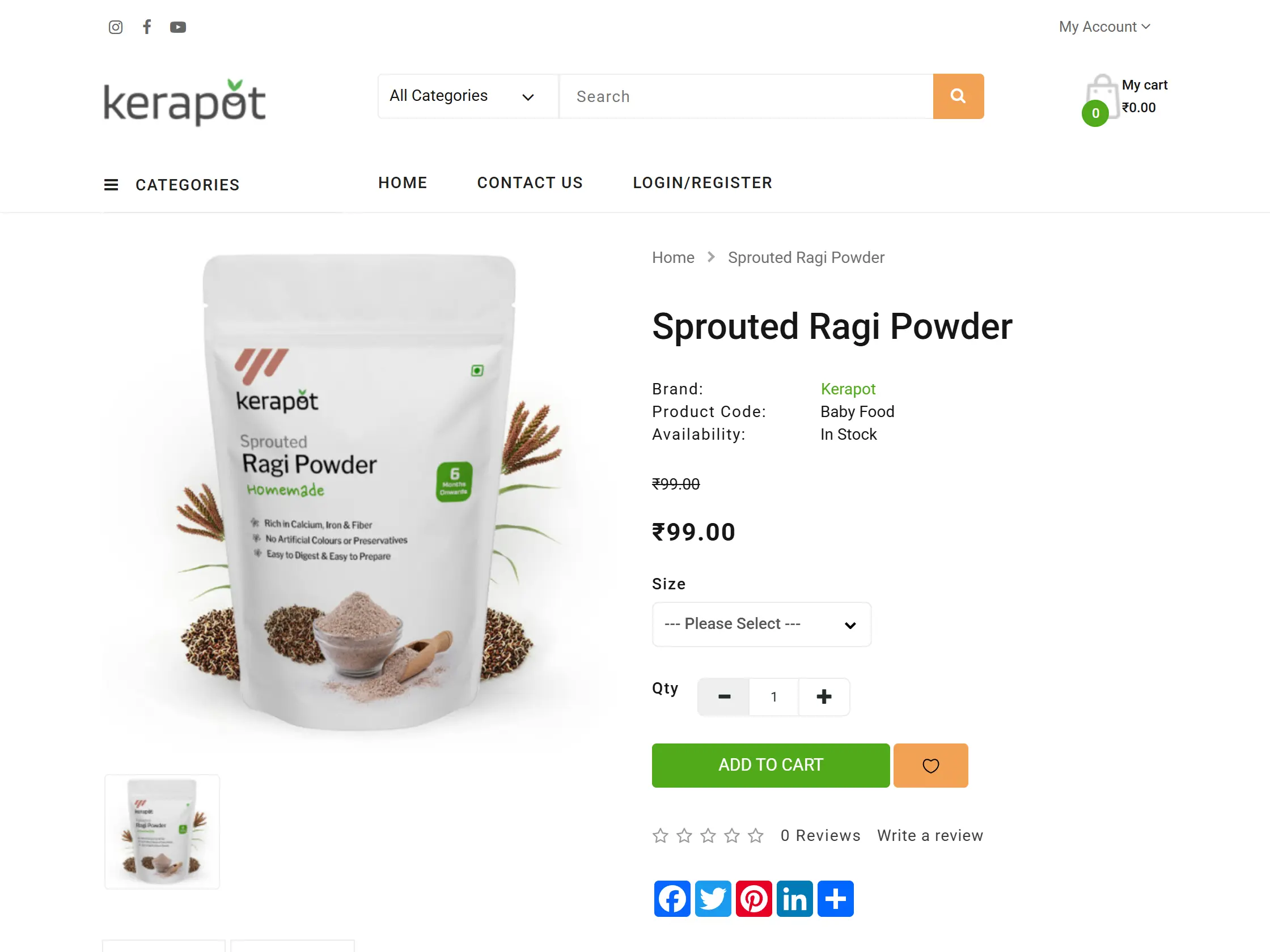 Kerapot product detail page with imagery, weight selection and add to cart