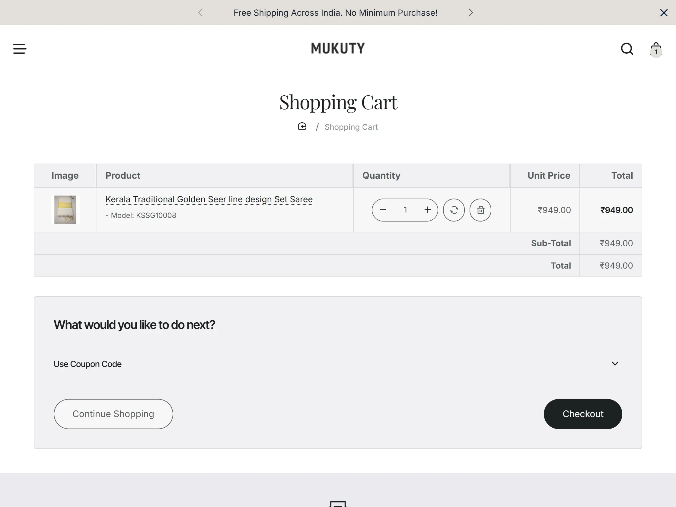 Mukuty shopping cart with a saree added, showing quantity controls, coupon field and totals