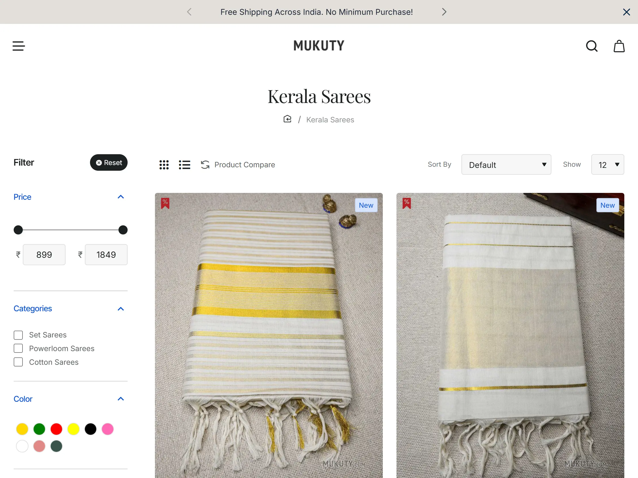 Mukuty category page showing the Kerala Sarees product grid with price, category and colour filters