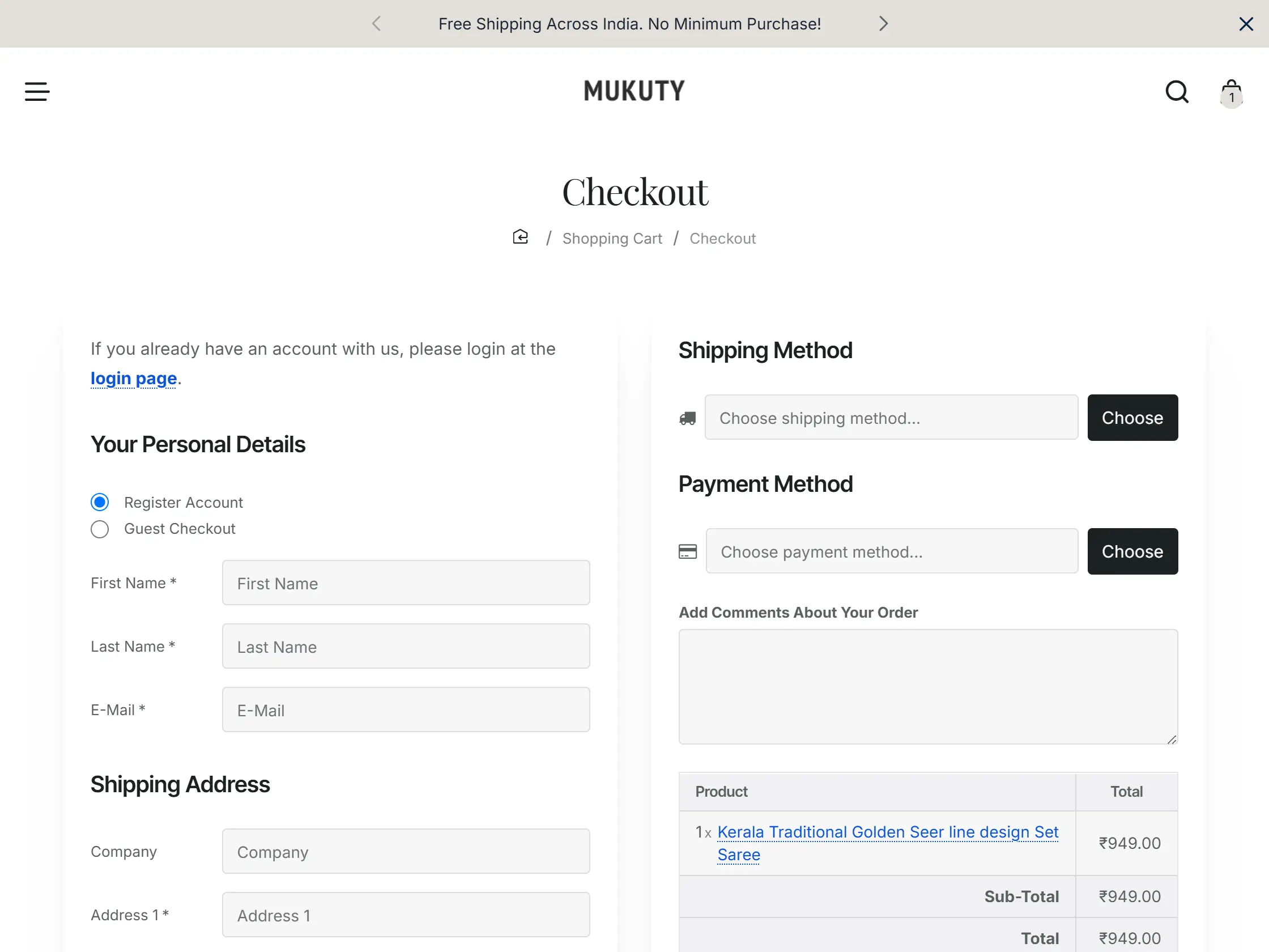 Mukuty checkout page with guest checkout option, address fields and order summary
