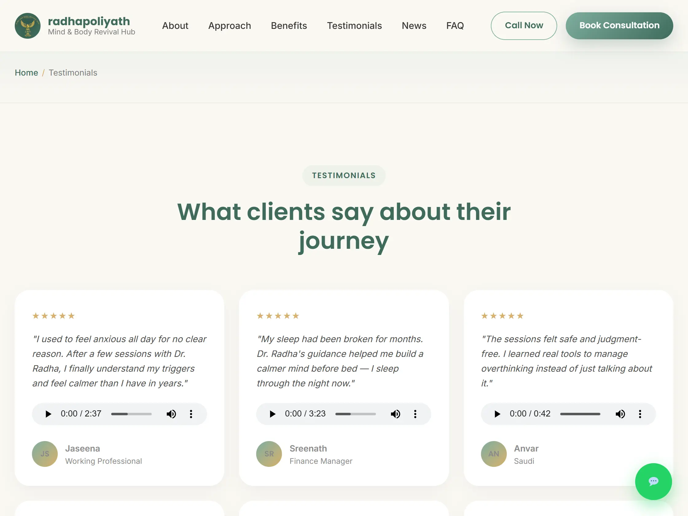 Dr Radha testimonials page with client quotes and audio testimonials