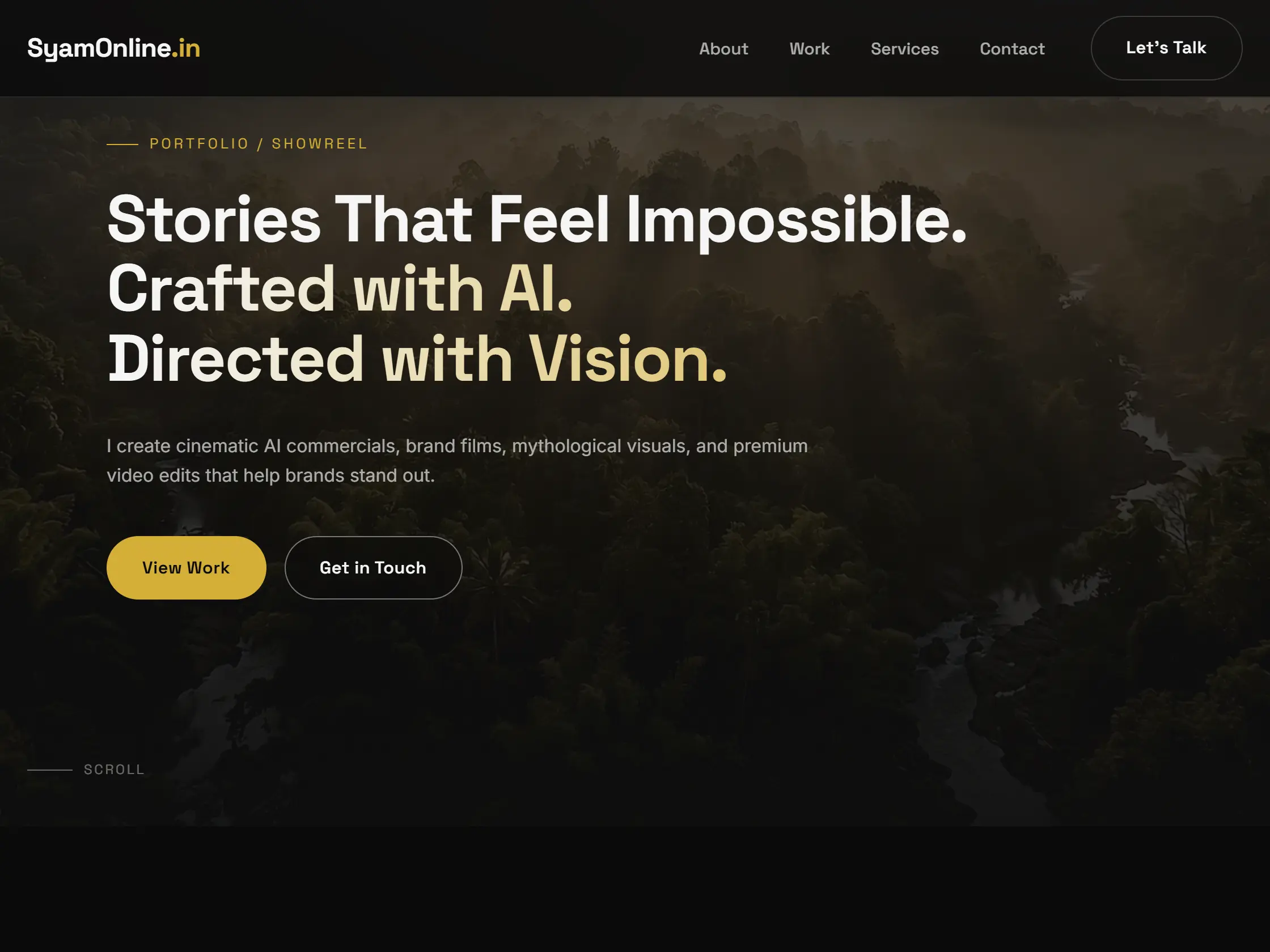 SyamOnline services section covering AI filmmaking, cinematic editing, creative direction and colour and VFX