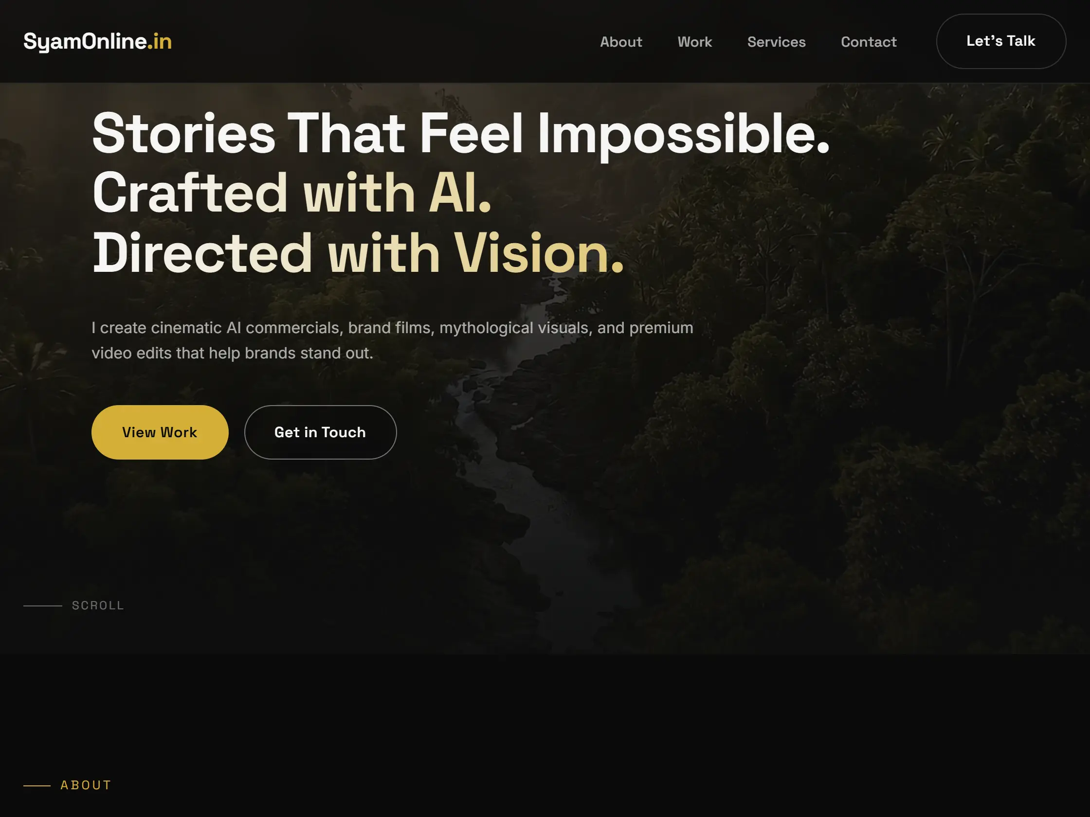 SyamOnline selected work section with filterable AI experiments, brand films and music video categories